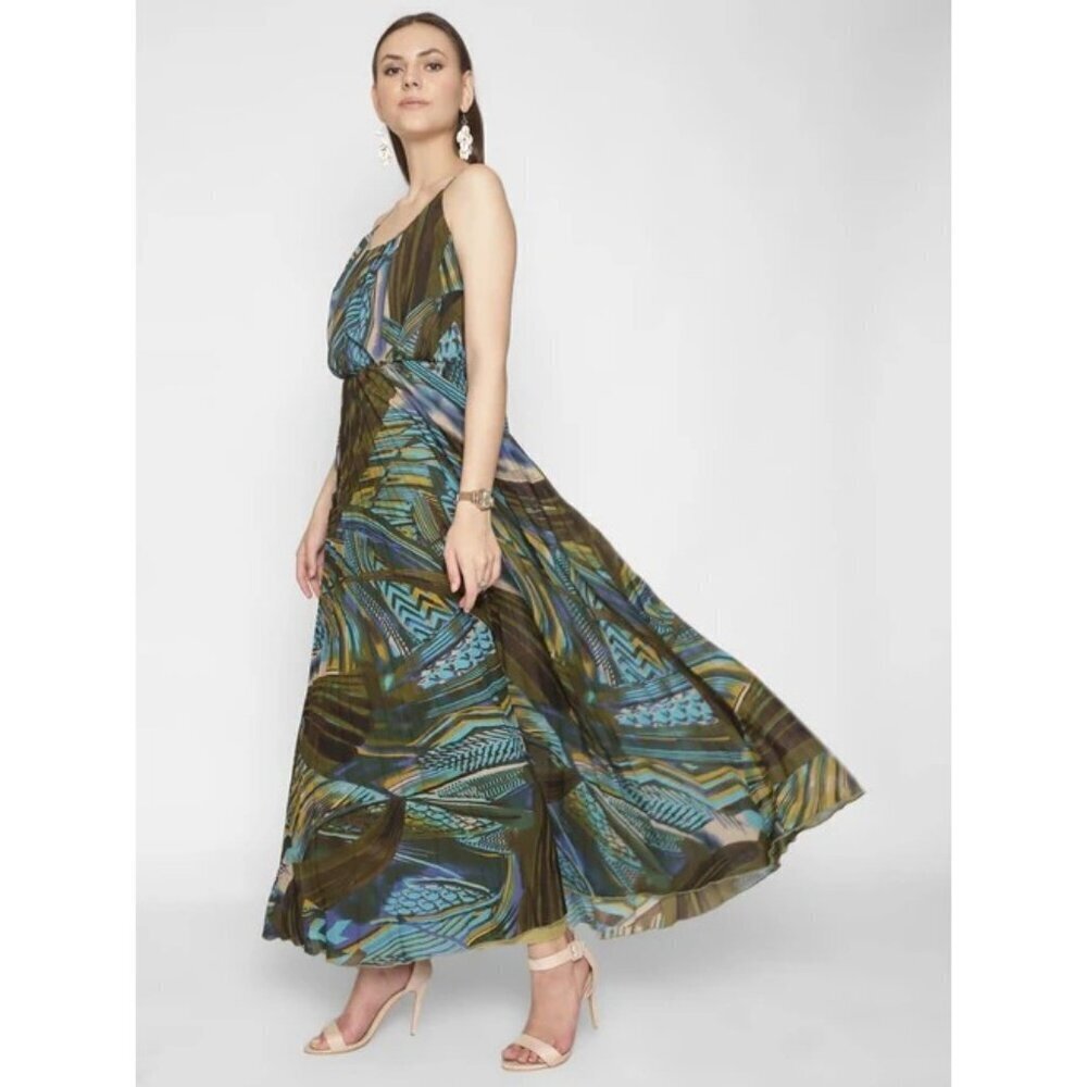 Robbie Bee Maxi Sun Dress Spaghetti Straps Sz 12 Green Blue Tropical Party - Picture 2 of 15